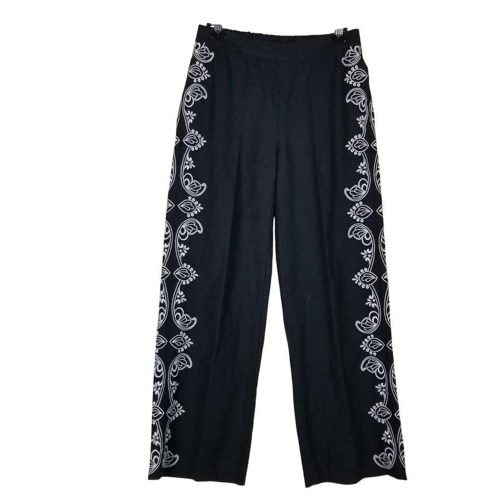 Chico's Embroidered Pants Women 6R Black Linen Blend Floral Side Trim Straight